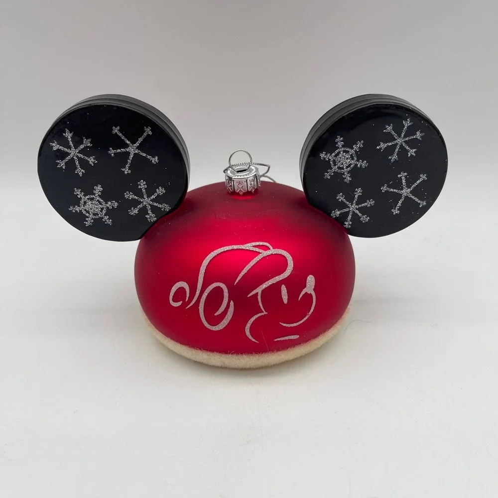 Disney Parks Mickey Mouse Ear Hat Glass Christmas Ornament Red Snowflake NEW